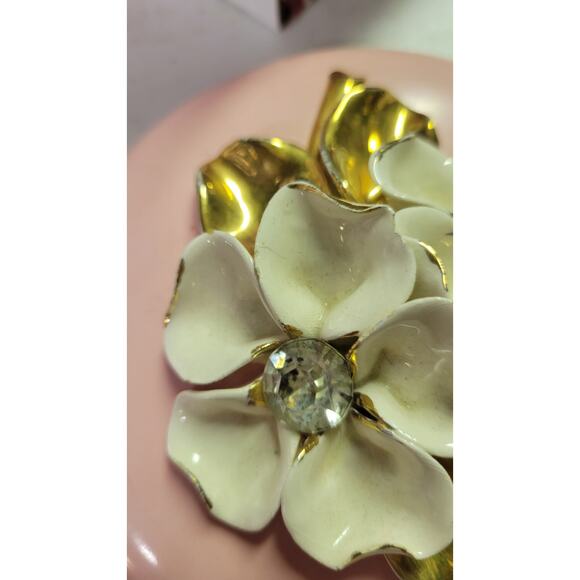 Vintage Powder or Trinket Box, Pink Ceramic Round, Flowers & Rhinestones - Picture 6 of 7